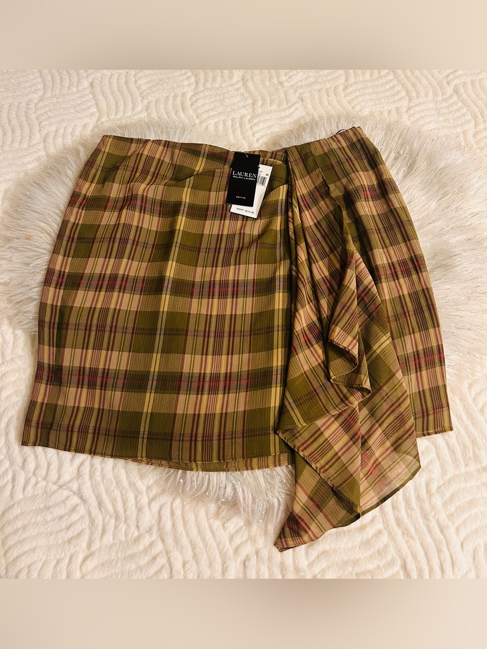 Lauren Ralph Lauren Olive Plaid Skirt with Ruffle Detail Pink Accents New